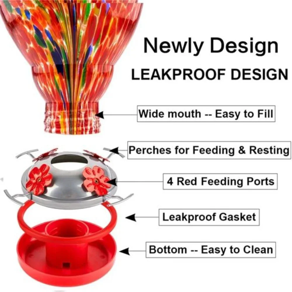 Hummingbird Feeder for Outdoors Patio Large 32 Ounces Colorful Hand Blown Glass - Picture 4 of 8